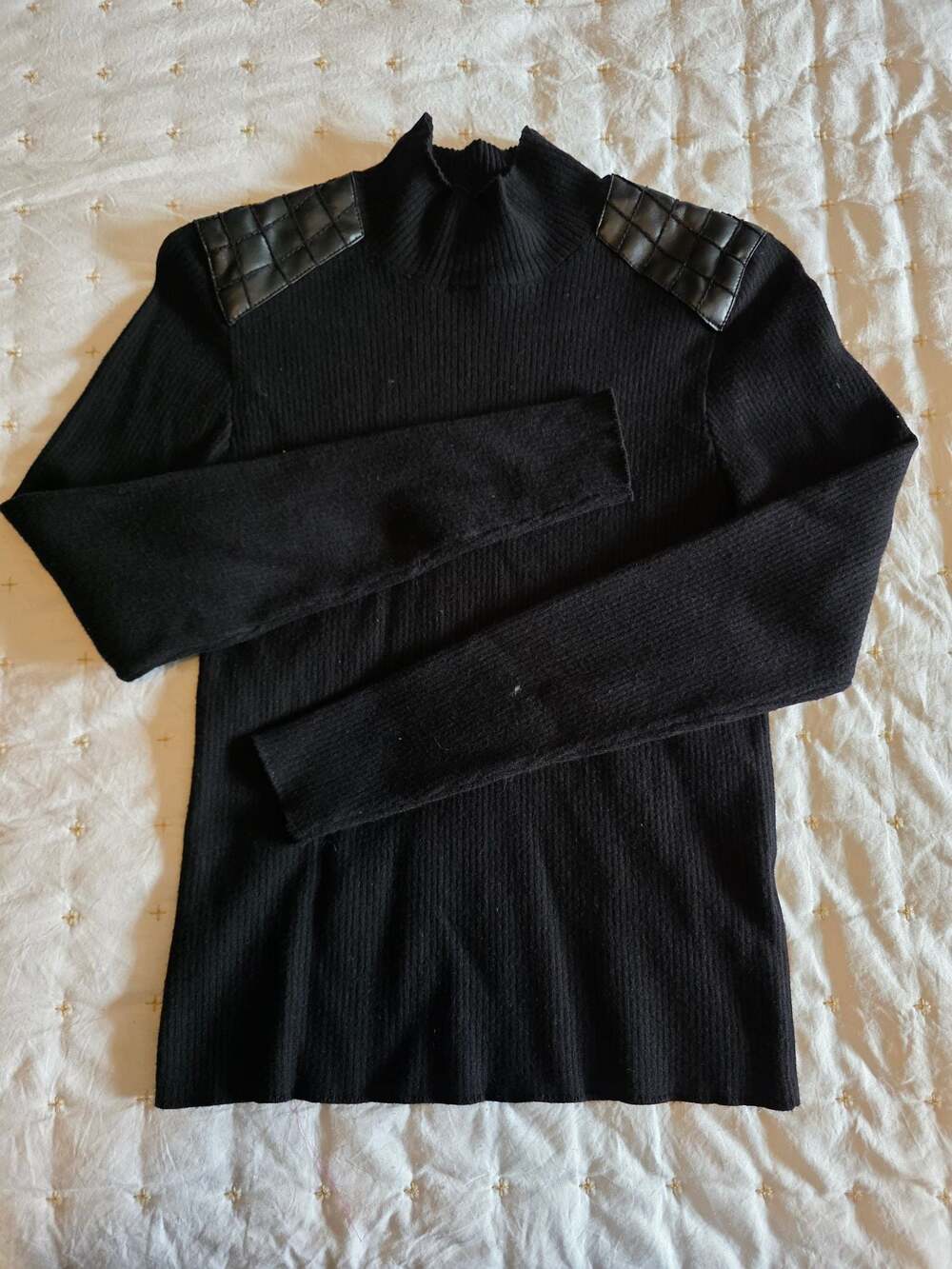 Heartloom Kenna Black Ribbed Mock Neck Sweater with Faux Leather Shoulder Detail